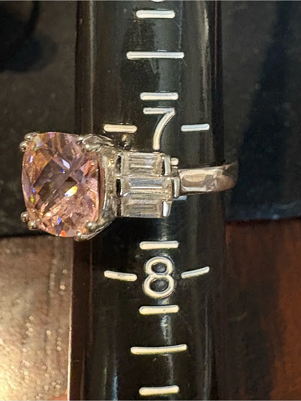 Classic Pink Cushion-Cut Ring with Clear Side Stones Sz. 7 1/4